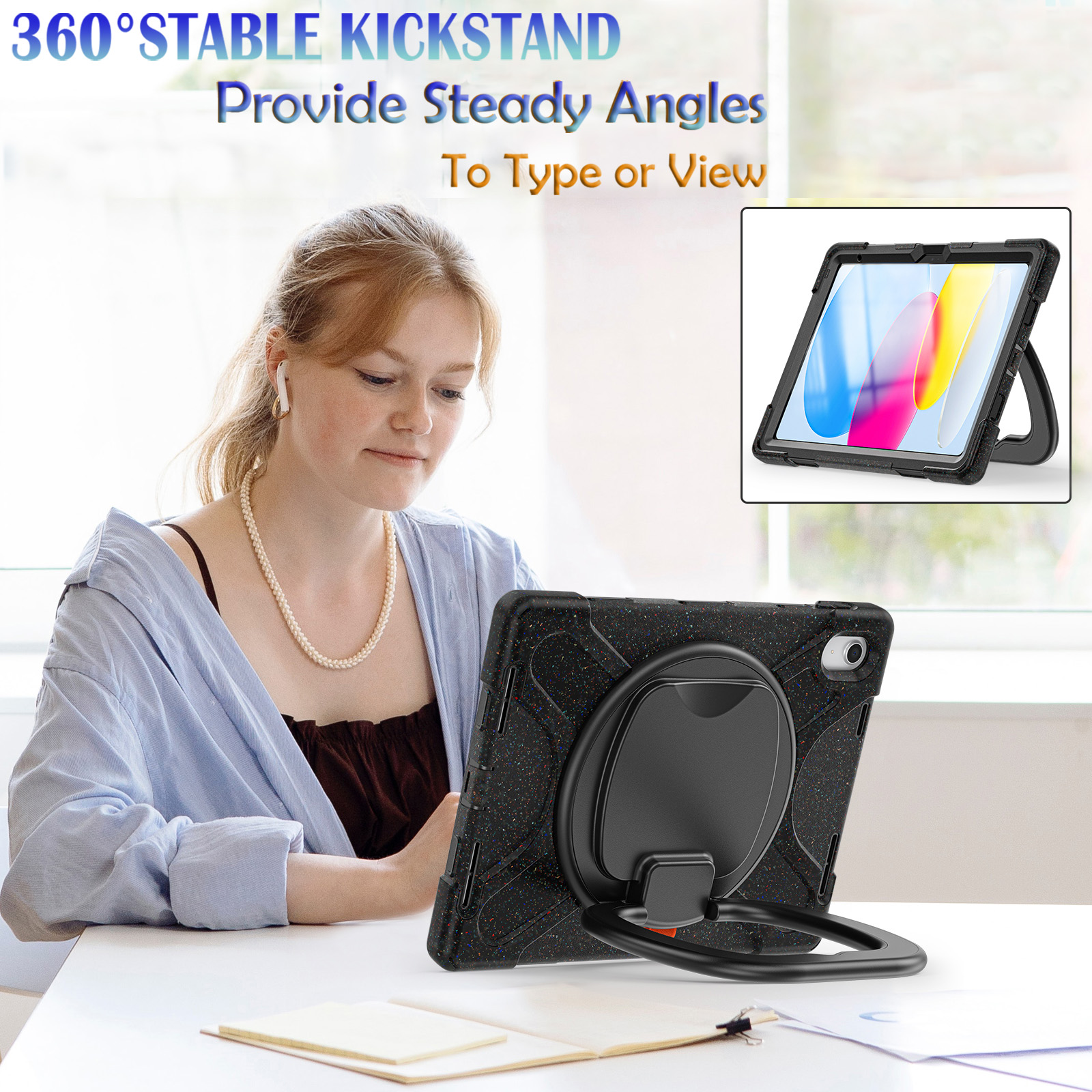 iPad 10th Generation Case 2022,iPad 10th Gen 10.9 inch Rugged Case with Screen Protector,Rotating Stand/Pencil Holder/Carrying Shoulder Strap - Carnival Night Black