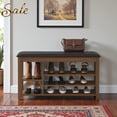 thumbnail image 2 of GZXS Vintage Shoe Bench with Rubberwood Frame, PU Leather Cushioned Seat, Flip-Top Hidden Storage and Open Shelves, 39.5"L x 12"W x 22"H, Brown, 2 of 9