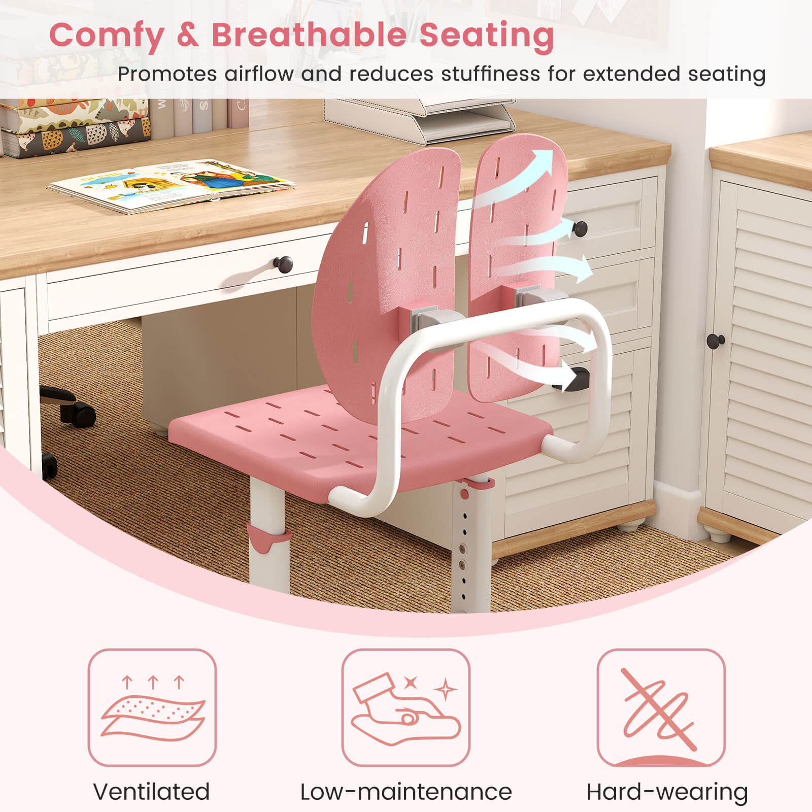 Costway Kids Desk Chair with Adaptive Double Backrest, Adjustable Height, Breathable Seat Pink