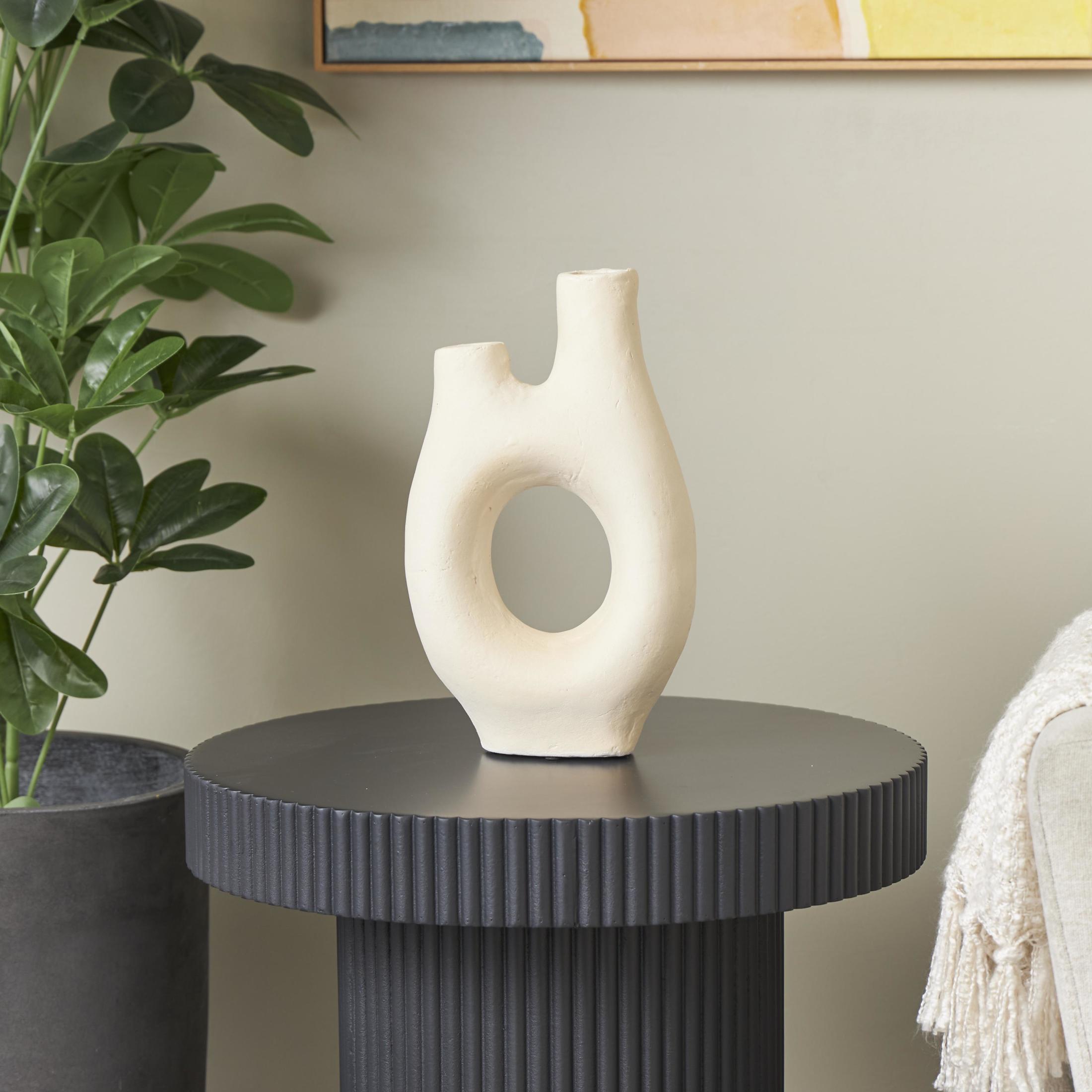 DecMode 12" Abstract Rounded Beige Paper Mache Vase with Double Openings