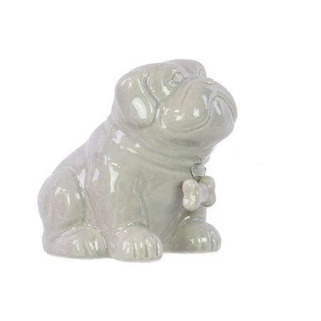 Ceramic Sitting Bulldog Puppy Coin Bank With Bone Pendant On Dog Collar Gloss Gray