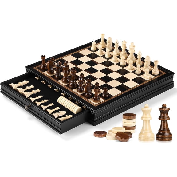 Magnetic Chess and Checkers Set with Built-in Storage Drawers 15 Inch Wooden Board Game