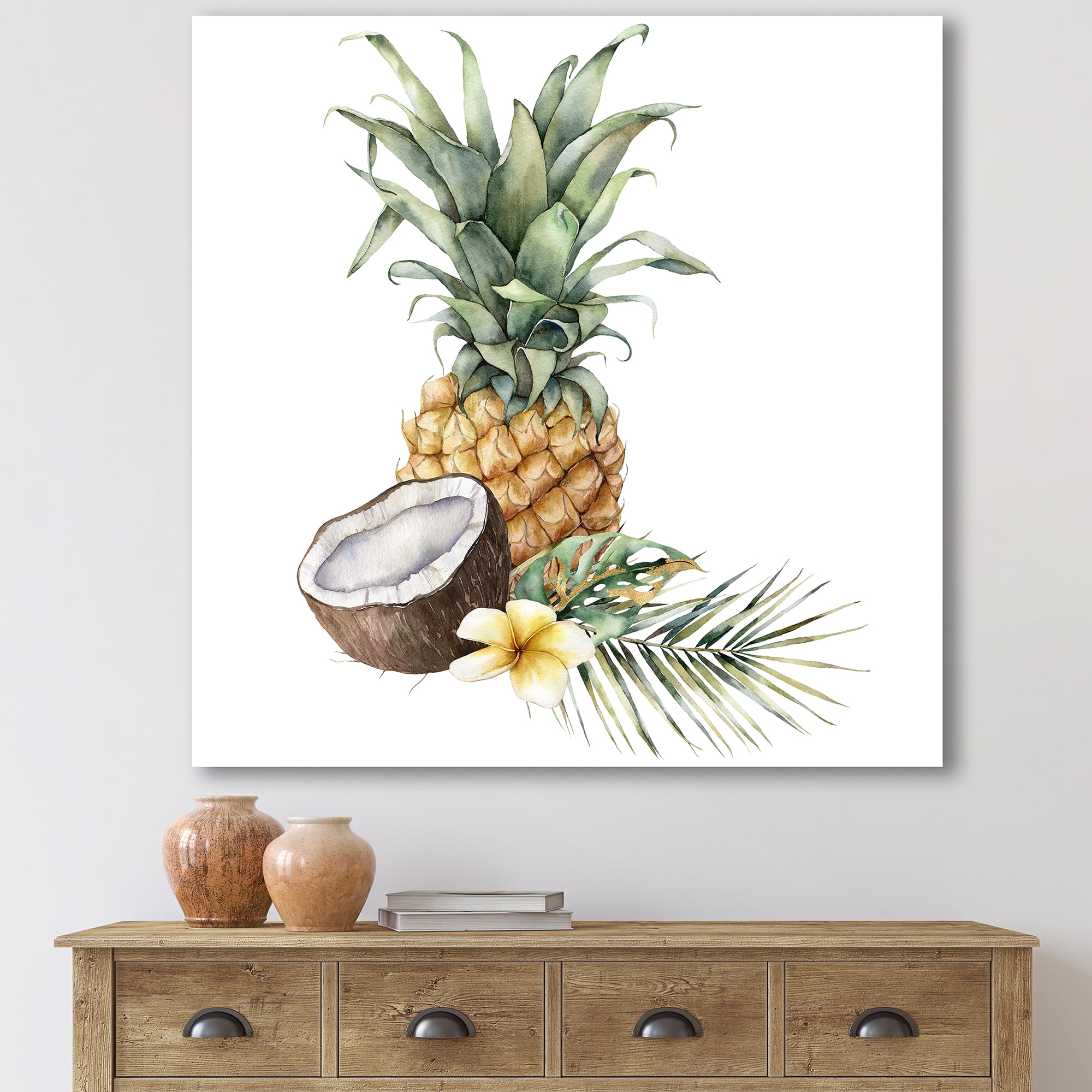 Designart ' Pineapple With Plumeria Coconut and Palm Leaves ' Traditional Canvas Wall Art Print