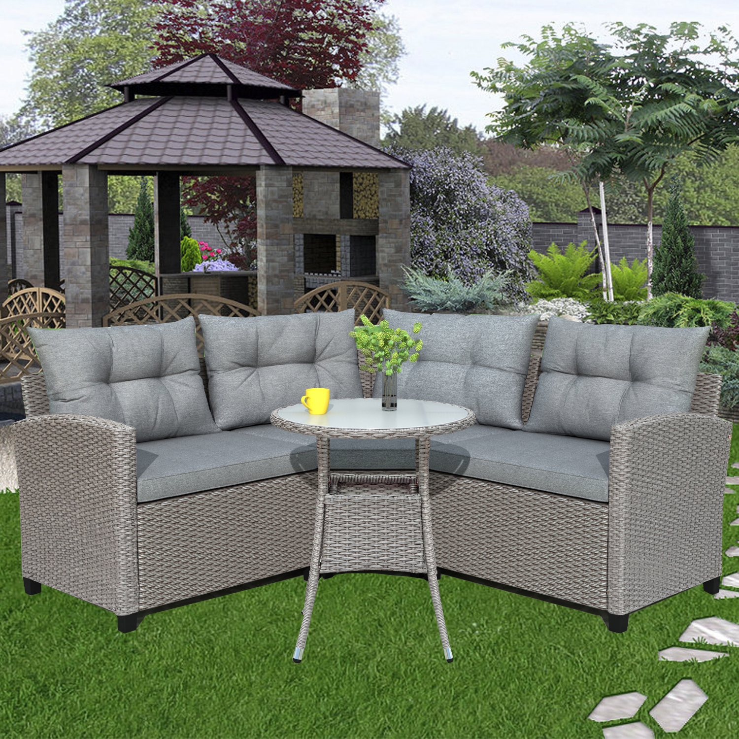 INTERGREAT Outdoor Patio Furniture Set Gray Wicker Conversation Set 4 PC Sofa Set