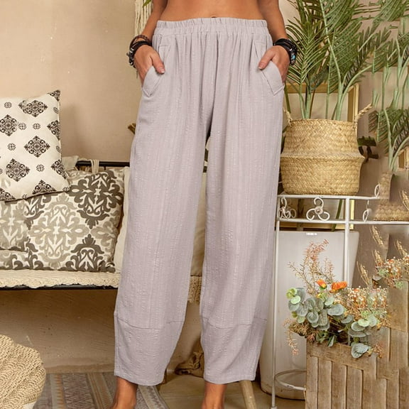 QUINDOS Wide Leg Womens Pants Ankle Length High Waisted Casual Pants Pull on Loose Trousers with Pockets