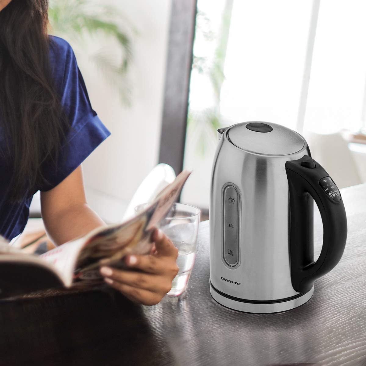 Ovente Victoria Collection Electric Kettle, Premium Matte Stainless Steel,  Removable Anti-Scale Filter, Centered Water Gauge, White, 1.7 (KS777 Series)