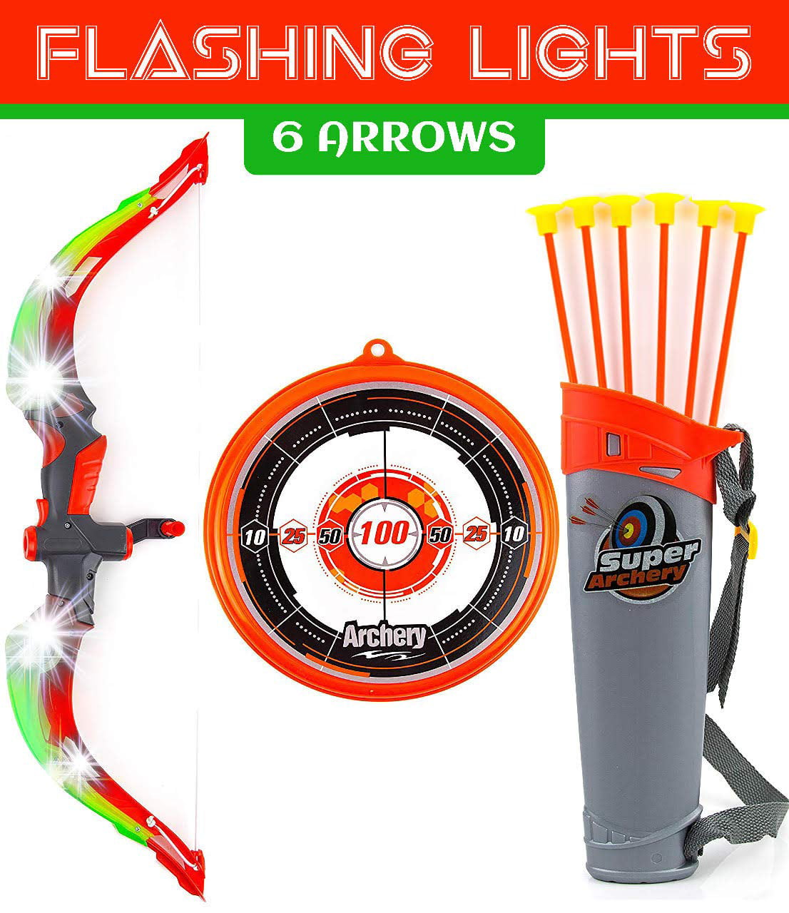 Target Toysery Bow and Arrow for Kids with LED Flash Lights and Quiver Practice Outdoor Toys Archery Set for Children Above 6 Years Old, Orange Archery Set with 6 Suction Cups Arrows 