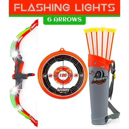 Toysery Bow and Arrow for Kids with LED Flash Lights - Archery Bow with 6 Suction Cups Arrows, Target, and Quiver - Practice Outdoor Toys for Children Above 6 Years of Age,