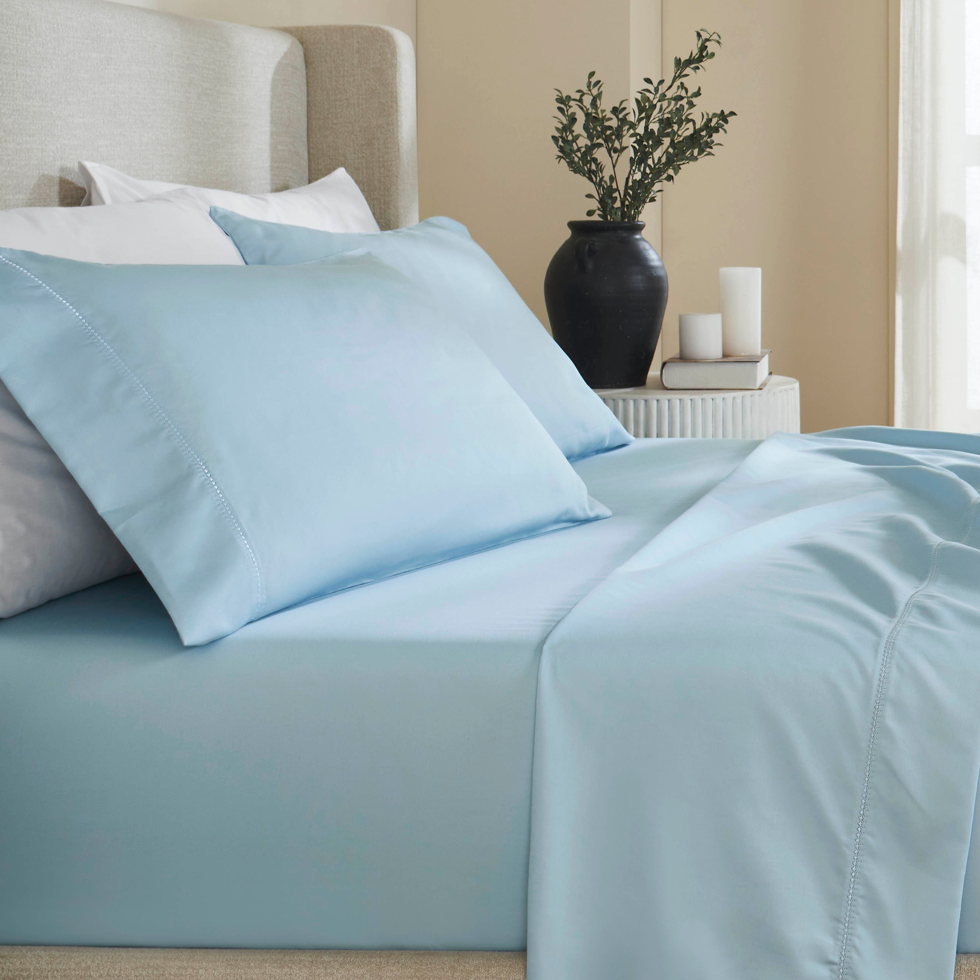 Superior Cotton Blend 600 Thread Count Embroidered Sheet Set, Full, Blue