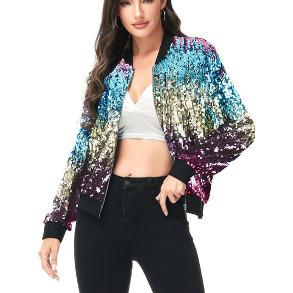 Fashion Womens Sequin Long Sleeve Front Zip Jacket with Ribbed Cuffs