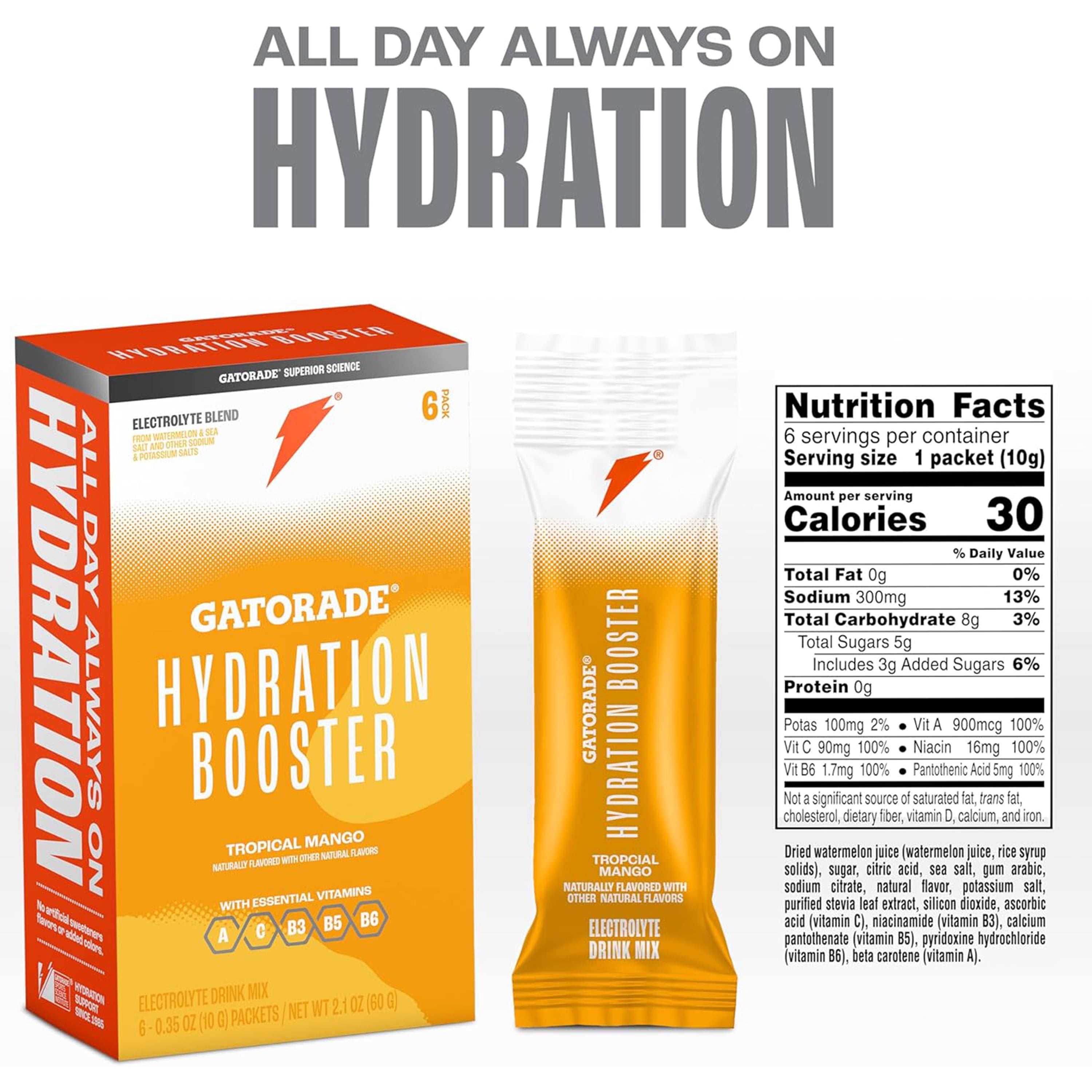 (3 pack) Gatorade Hydration Booster Electrolyte Drink Mix Powder, Tropical Mango, 2.1 oz, 6 pack, 0.35 oz