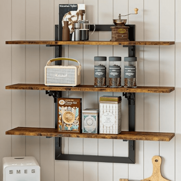 Floating Shelves for Wall, 32 inch Kitchen Shelves Wall Mounted, 3 Tier Coffee Bar Shelf with Foldable Brackets, Industrial Display Shelf for Bathroom, Living Room, Rustic Brown