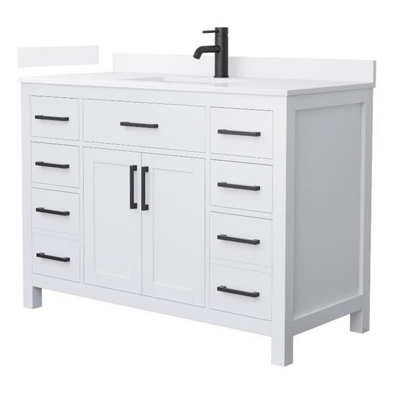 Beckett 48" White Single Vanity & White Quartz Top (1-Hole) & Black Trim