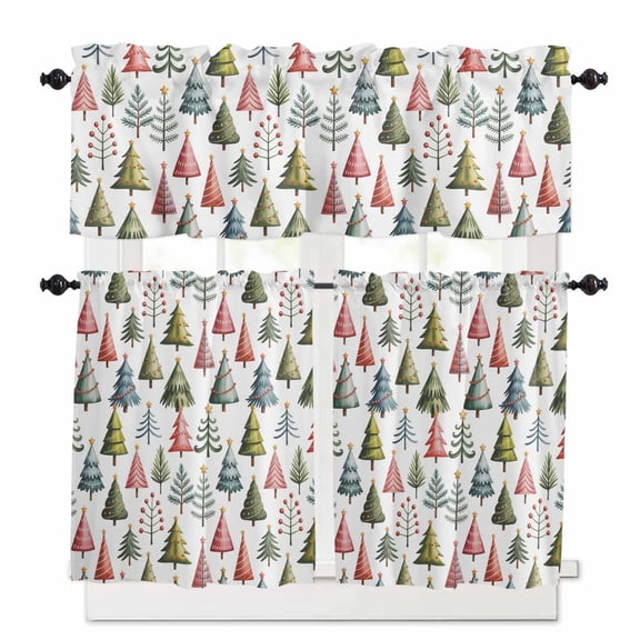 Christmas Green Tree Kitchen Curtains and Valances Set, Pink Pine Tree Winter Watercolor Style Rod Pocket Window Valance Window Curtain Panels for Living Room Bedroom Laundry, 27.5x36in, 3 Pieces
