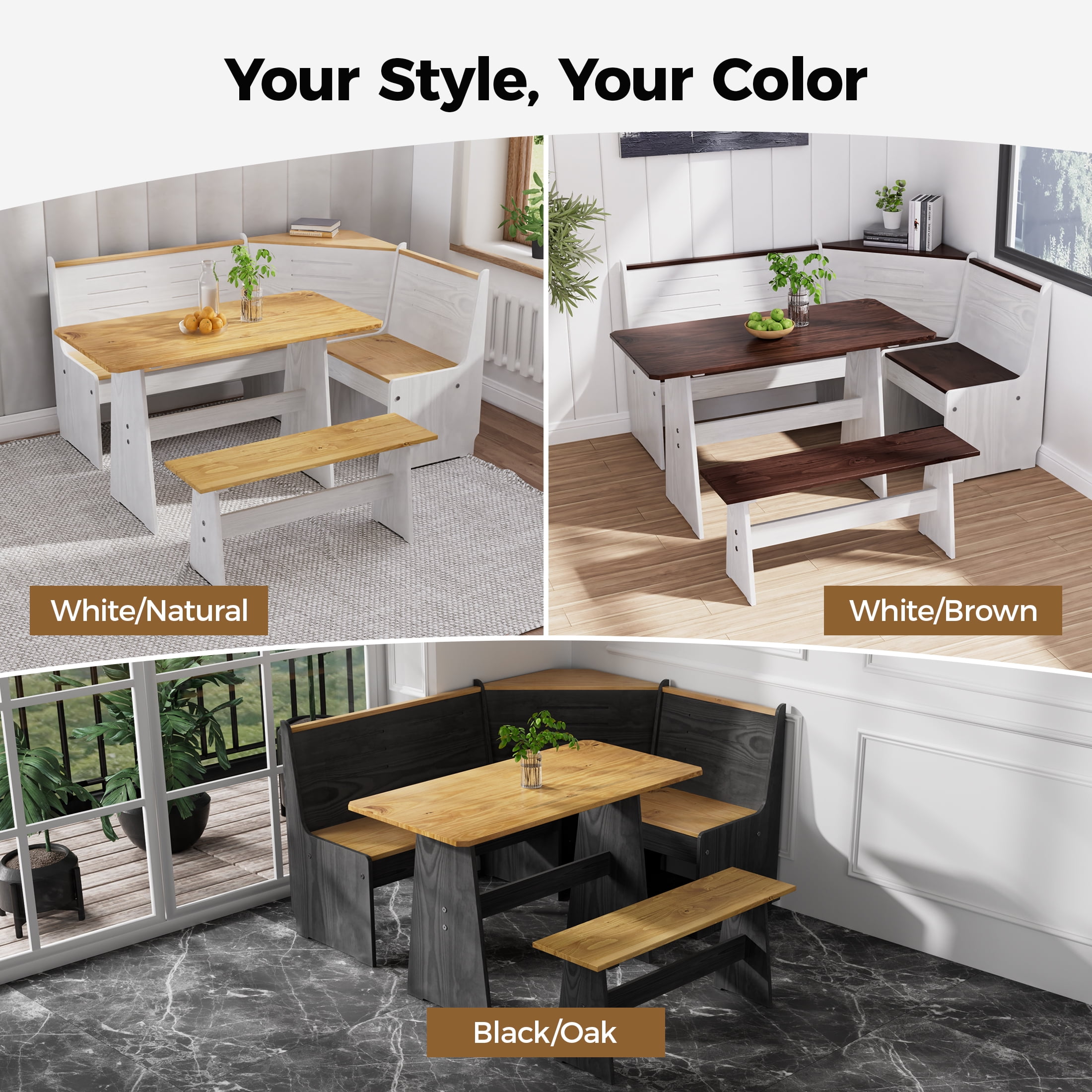 Nook Table Dining Room Sets for 3-5 with Bench,Breakfast Nook Kitchen Corner Dining Table Set, Farmhouse Corner Banquette Seating, Black/Oak