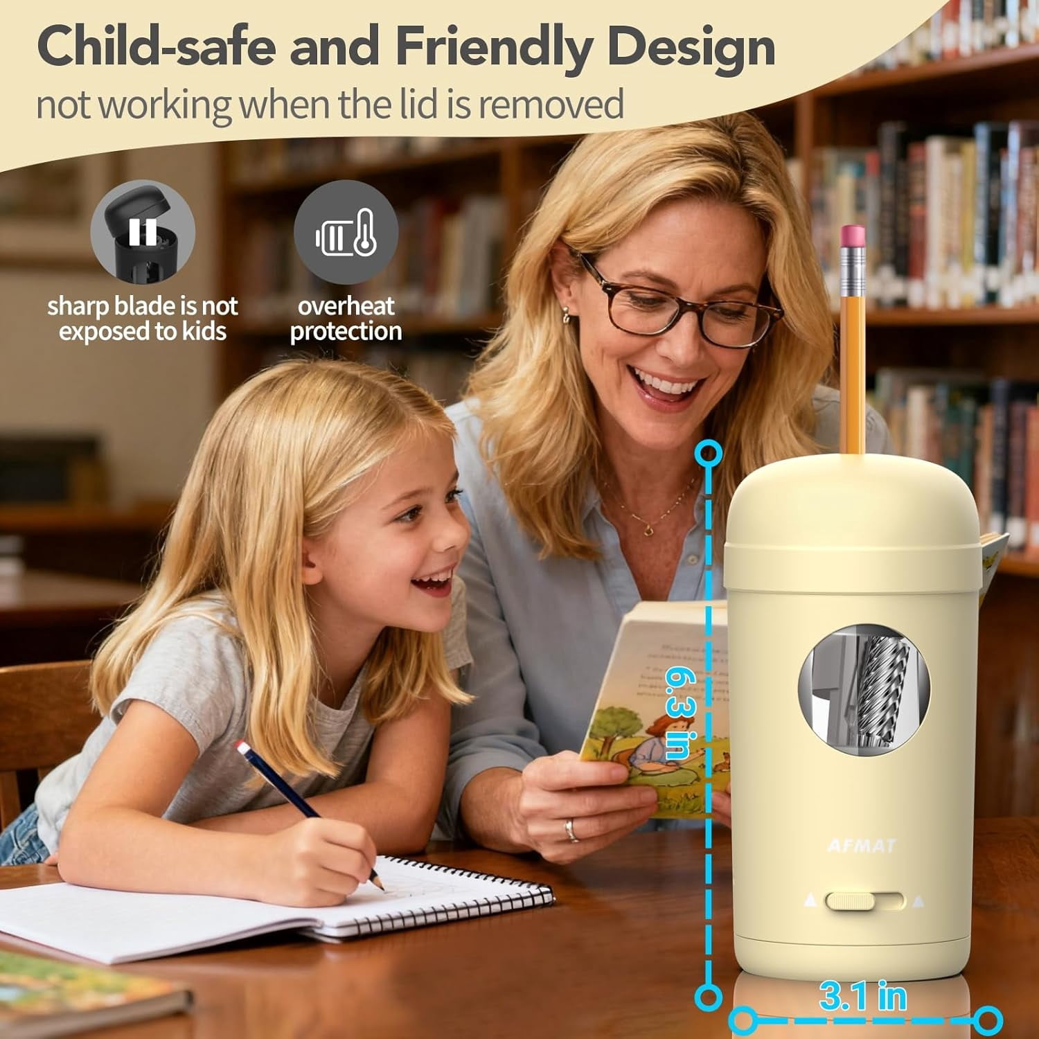 AFMAT Electric Pencil Sharpener, Fully Automatic Pencil Sharpener for 7-8mm Pencils & Colored Pencil, Auto in & Out, Rechargeable Vertical Hands-Free Sharpeners for Classroom/Home/Office,Yellow
