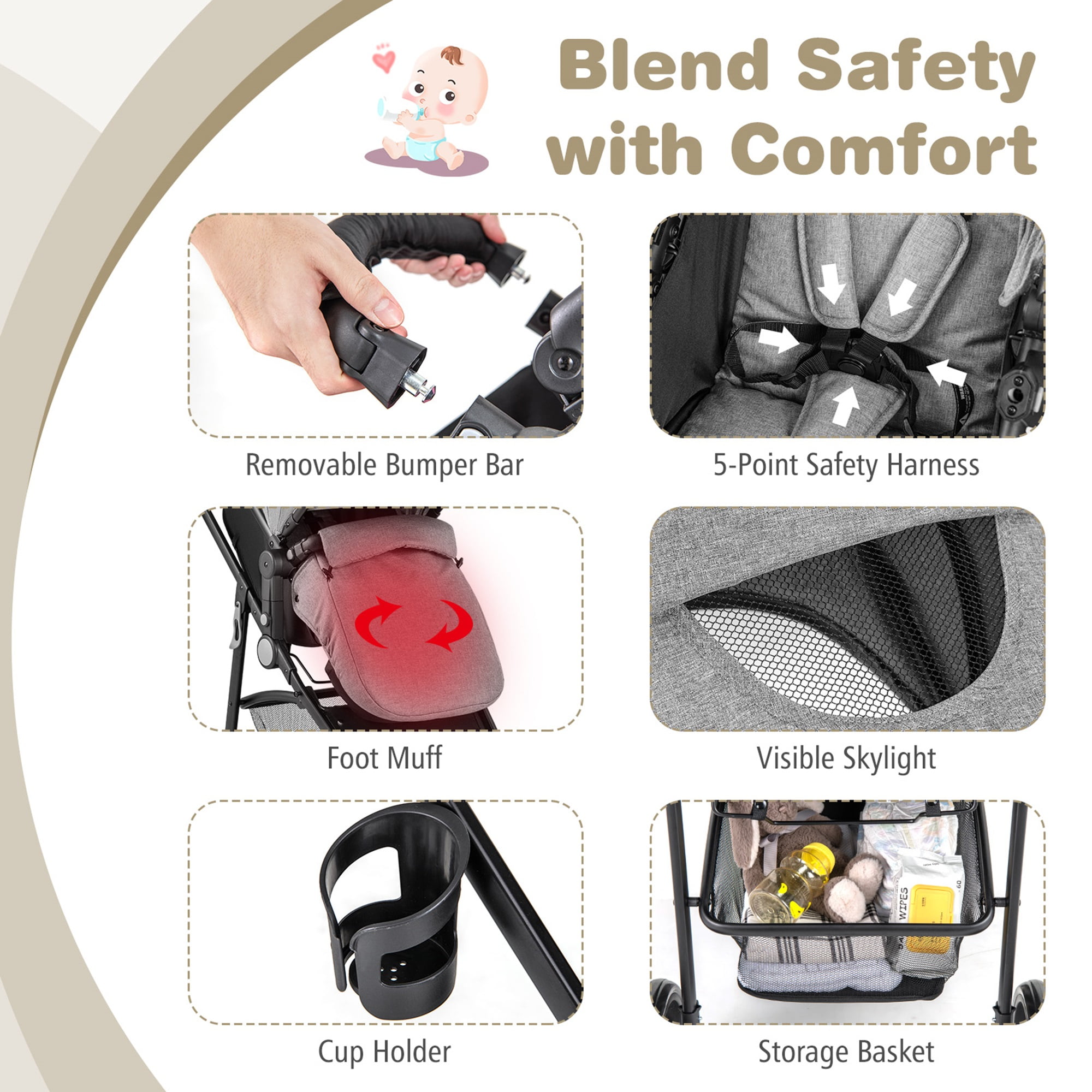 Babyjoy  2 in 1 Foldable Baby Stroller Kids Travel Newborn Infant Buggy Pushchair 22 lbs Gray