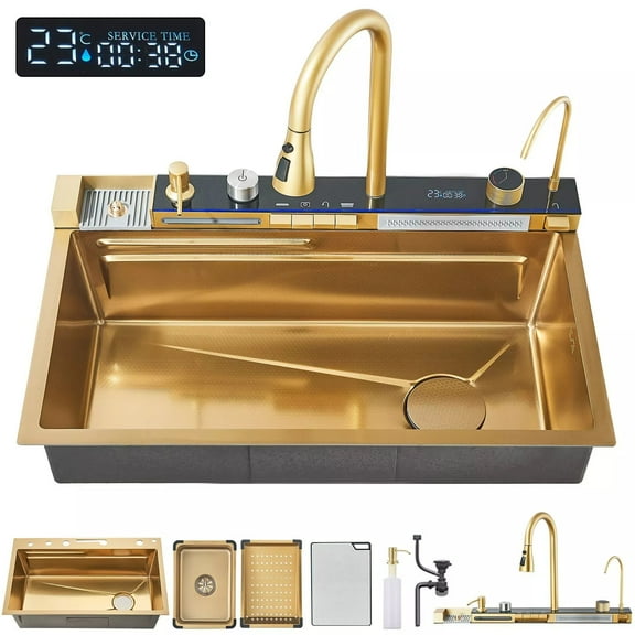 Brushed Gold Stainless Steel 30" Drop In Kitchen Sink Top Mount Single Bowl w/Kitchen Facuet