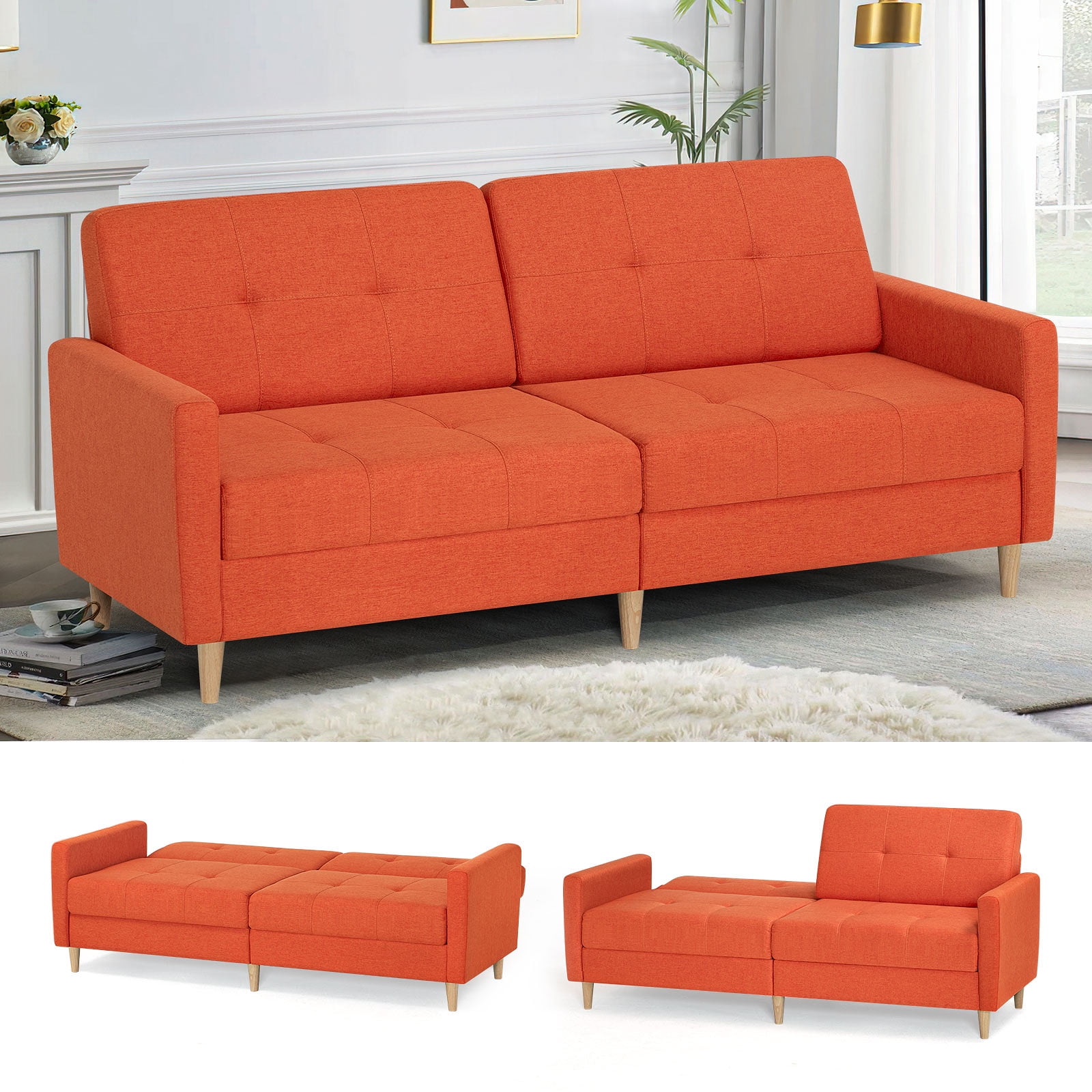 YYAo Modern Convertible Futon Sofa Bed, Upholstered Loveseat with Adjustable Armrests and Splitback for Living Room, Apartment, Office, Small Space, Orange YYAo Modern Convertible Futon Sofa Bed, Upholstered Loveseat with Adjustable Armrests and Splitback for Living Room, Apartment, Office, Small Space, Orange