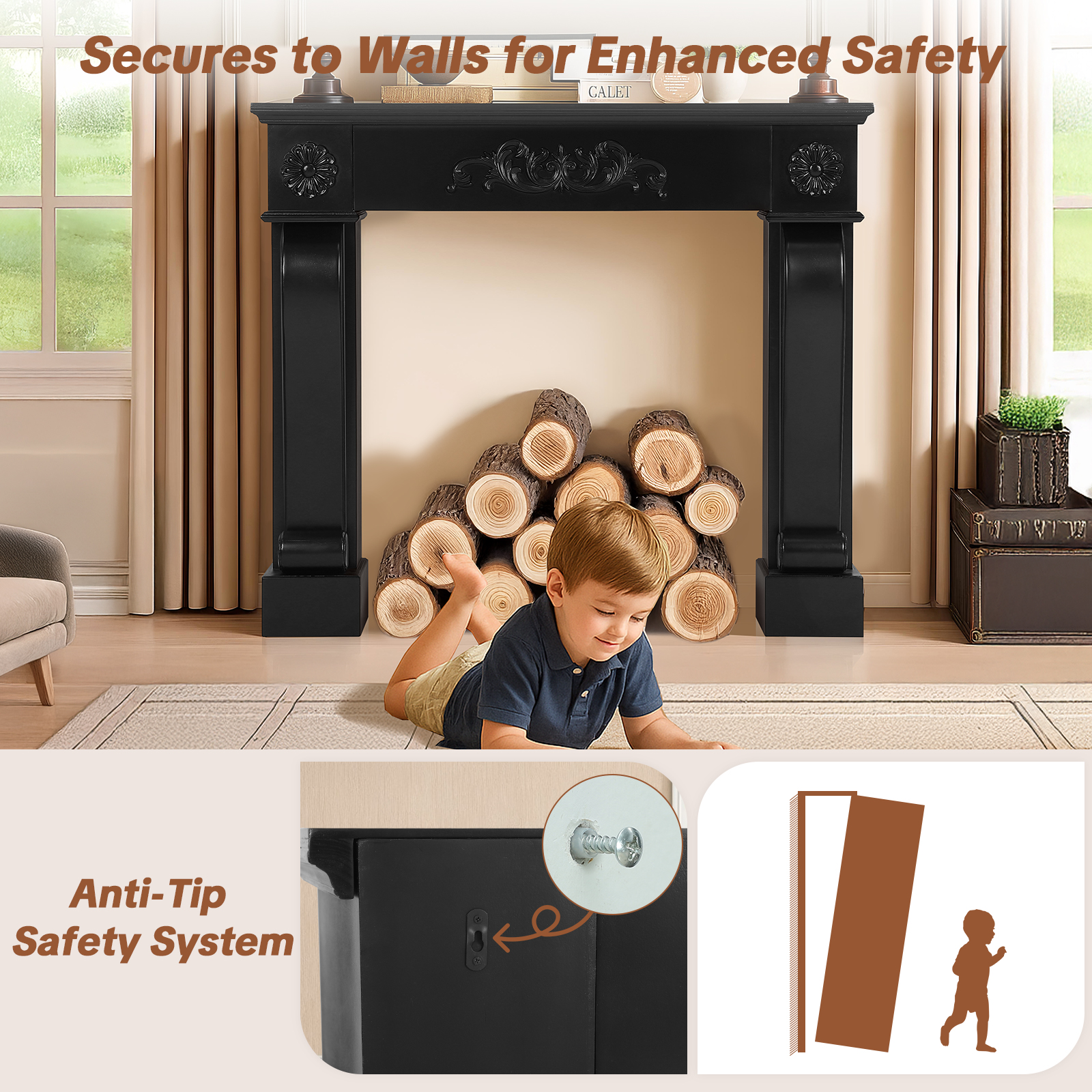 OUINCH 44.5" Fireplace Mantel, Freestanding Fireplace Surround with Leg for Electric Fireplaces, MDF Mantel Surround with Shelf for Living Room with Decorative Pattern, Anti-Tipping & Waterproof