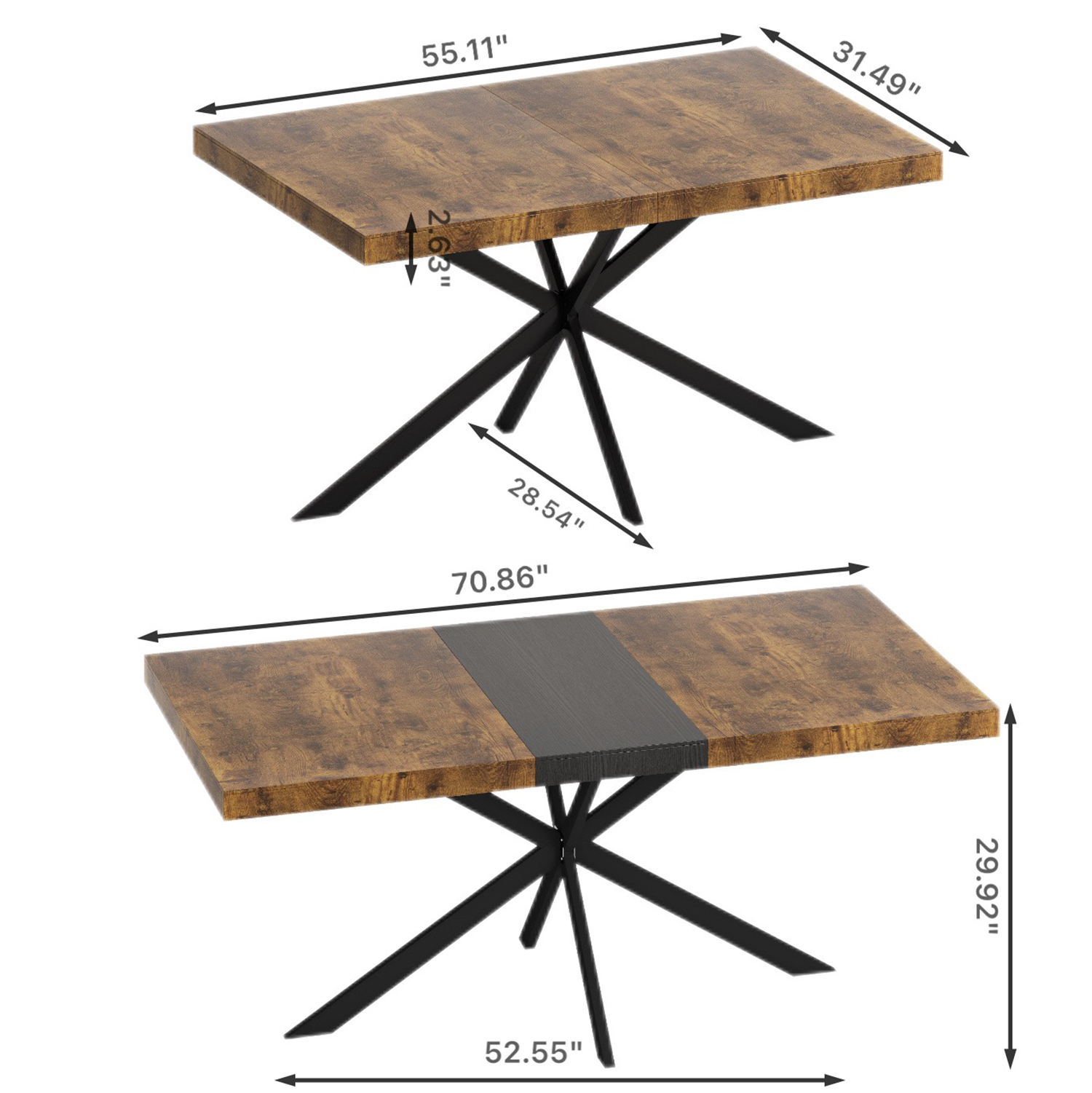 Miniyam 55"–70.8" Extendable Dining Table for 4–8, Durable MDF Tabletop with Rounded Corners and Heavy-Duty Metal Base, Brown