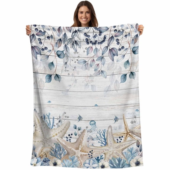 Blue Beige Coastal Blanket Soft Cozy Warm Throw Blanket for Couch, Plush Fuzzy Flannel Fleece Blankets for Sofa, Beach Starfish Summer Eucalyptus Retro Bed Blankets Lightweight Gifts for Men, 32"x48"