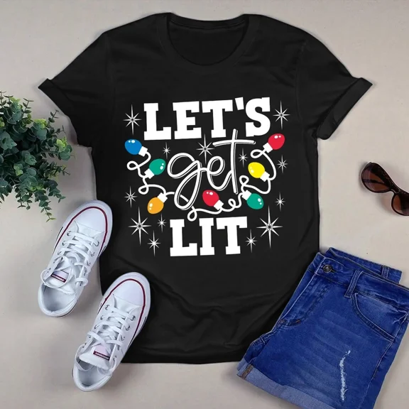 Lets Get Lit Christmas Xmas Light Gift Funny Holiday Graphic Unisex T-Shirt, up to Size 5XL