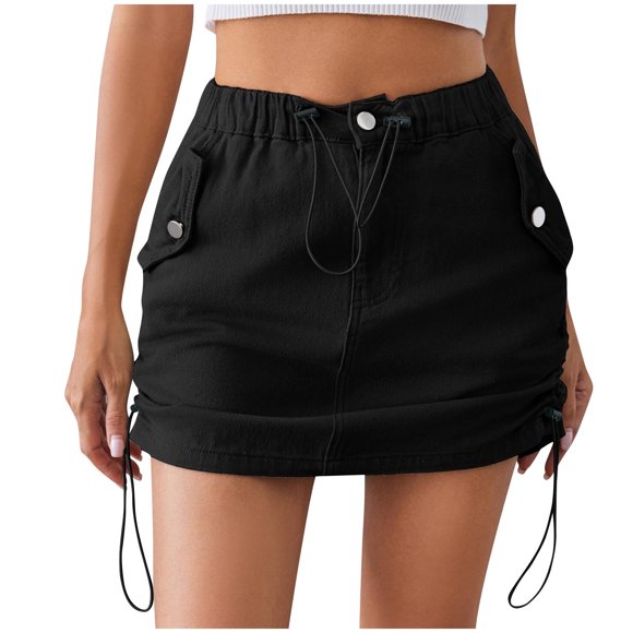 fheaev High Stretchy Cargo Jean Skirts for Women Denim Mini Cargo Denim Skirt with Pocket Casual Drawstring Elastic Waist Mini Skirt Women'S Hiking Cargo Y2K Skort Skirt