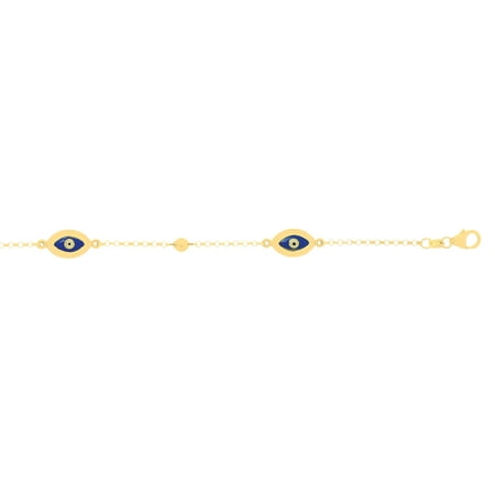 14K Yellow Gold Shiny Rolo Chain+Bead Bracelet with Pear Shape Clasp with 3 Station Marquise Shape Blue Evil Eye Charm