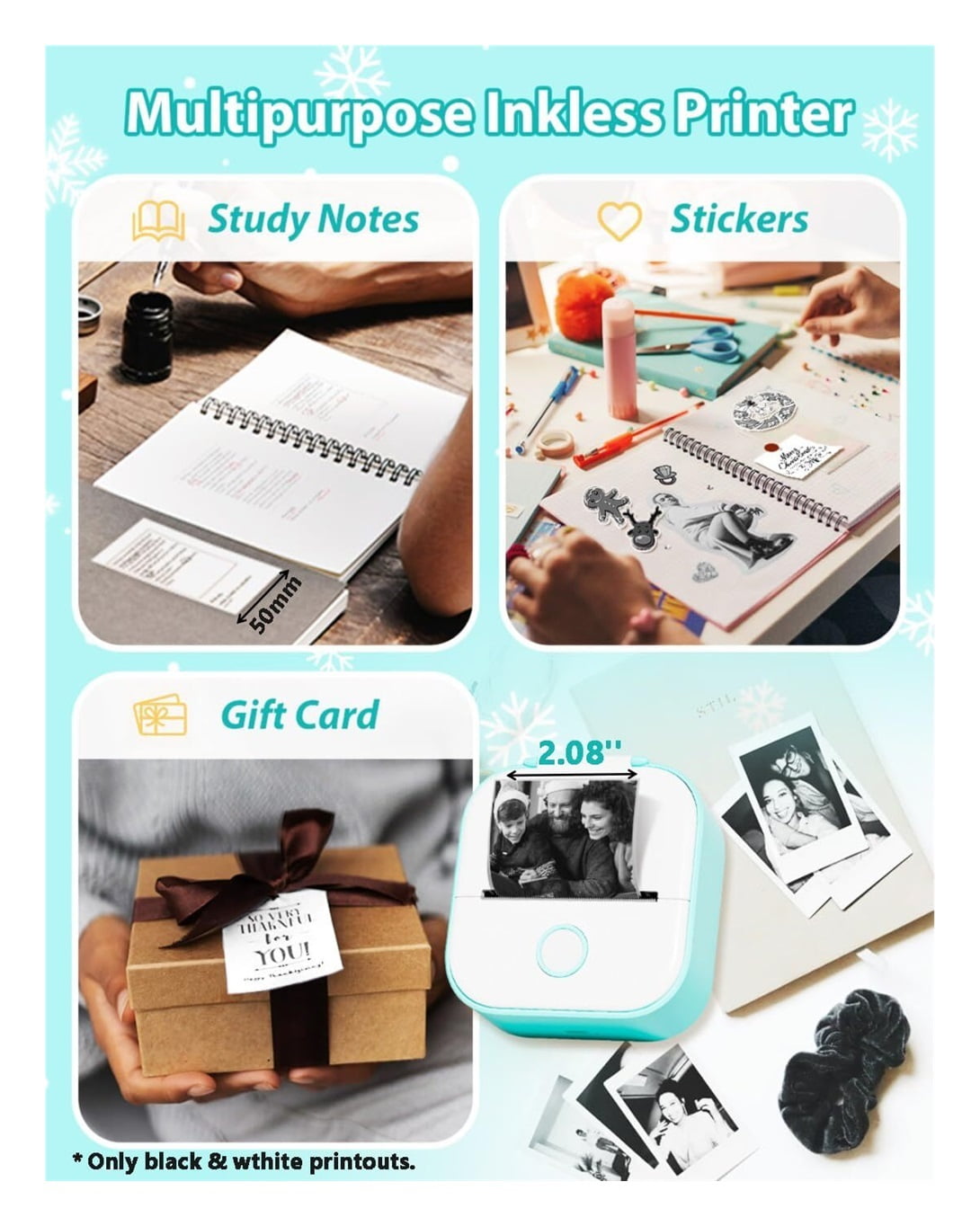 Sticker Printer- T02 Print Pods Mini Sticker Printer Maker, Inkless Machine Portable, Bluetooth Thermal Pocket Photo Maker for Study Notes, Daily, Photos, DIY
