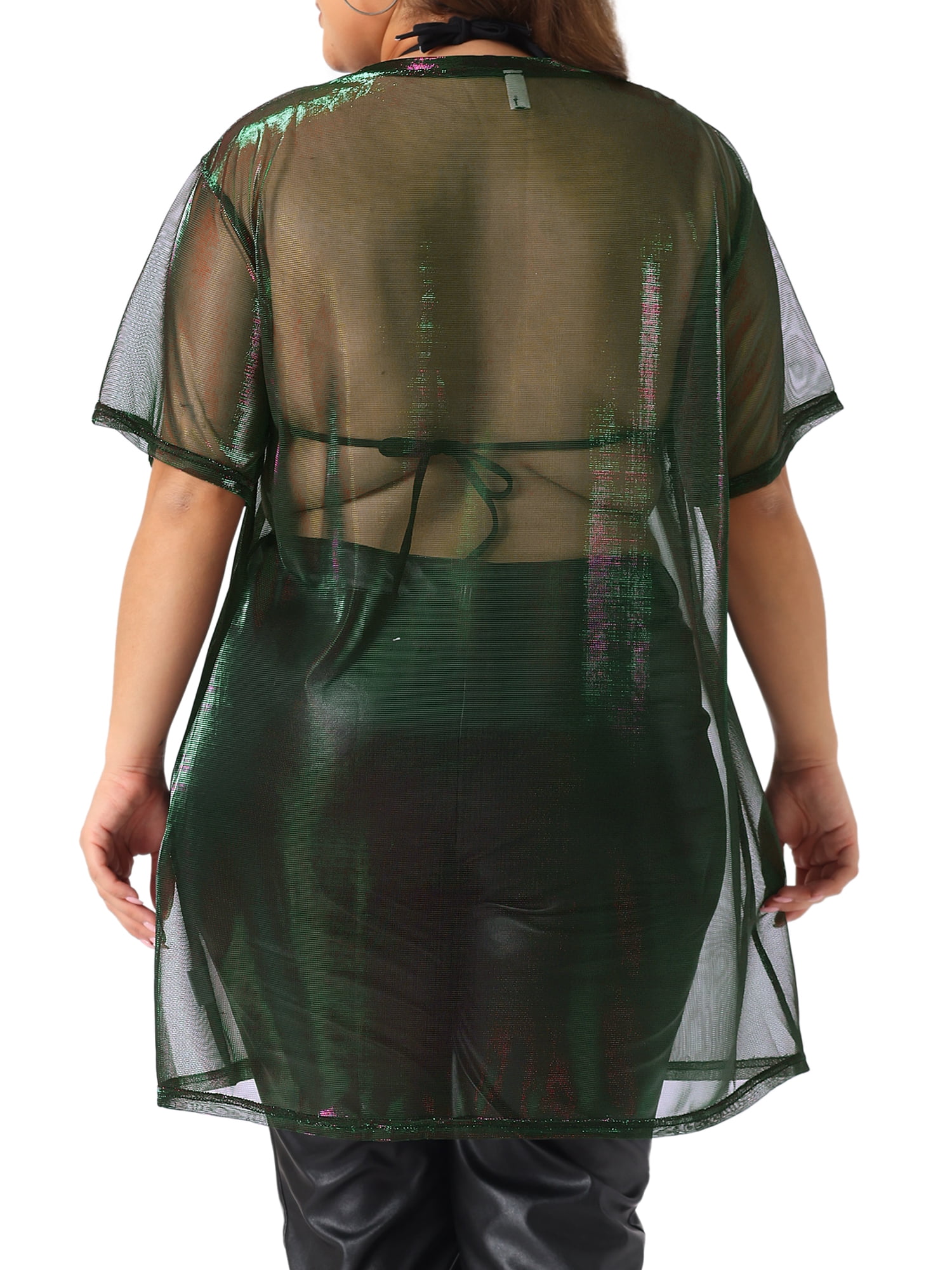 DARING DIVA Women's Plus Size See Through Holographic Long Blouse 3X Purple Green
