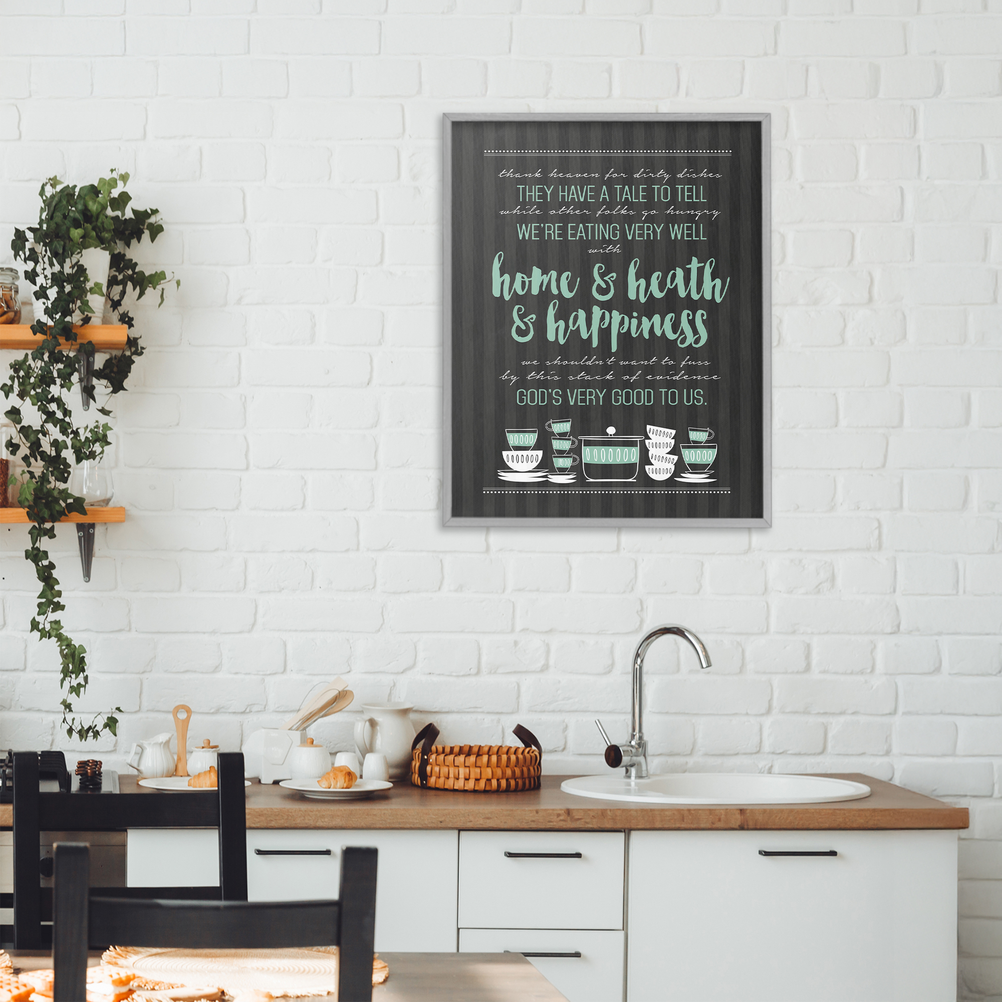 God's Good To Us Kitchen Gray Framed Giclee Art, design by Lettered and Lined
