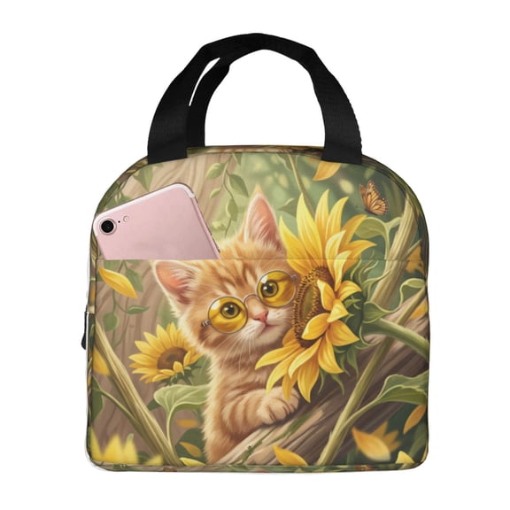 Cat Lunch Bag Reusable Insulated Lunch Box For Women Men Sunflower Cat Pattern Leakproof Thermal Meal Prep Tote With Front Pocket For Work Office Picnic