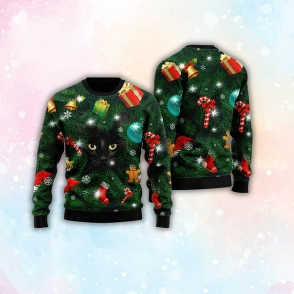 Black Cat 3D Christmas Sweater – Festive Tree Ornaments, Candy Canes & Gifts, Unisex All Over Print Holiday Party Jumper Gift