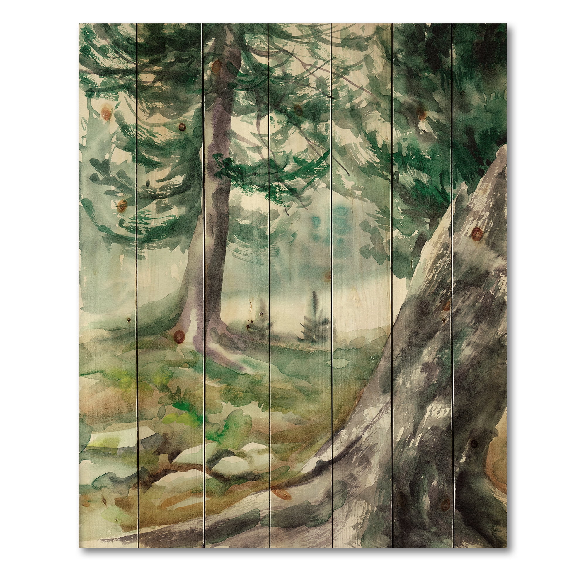 Designart 'Pine Forest In The Early Morning Glow' Lake House Print on Natural Pine Wood