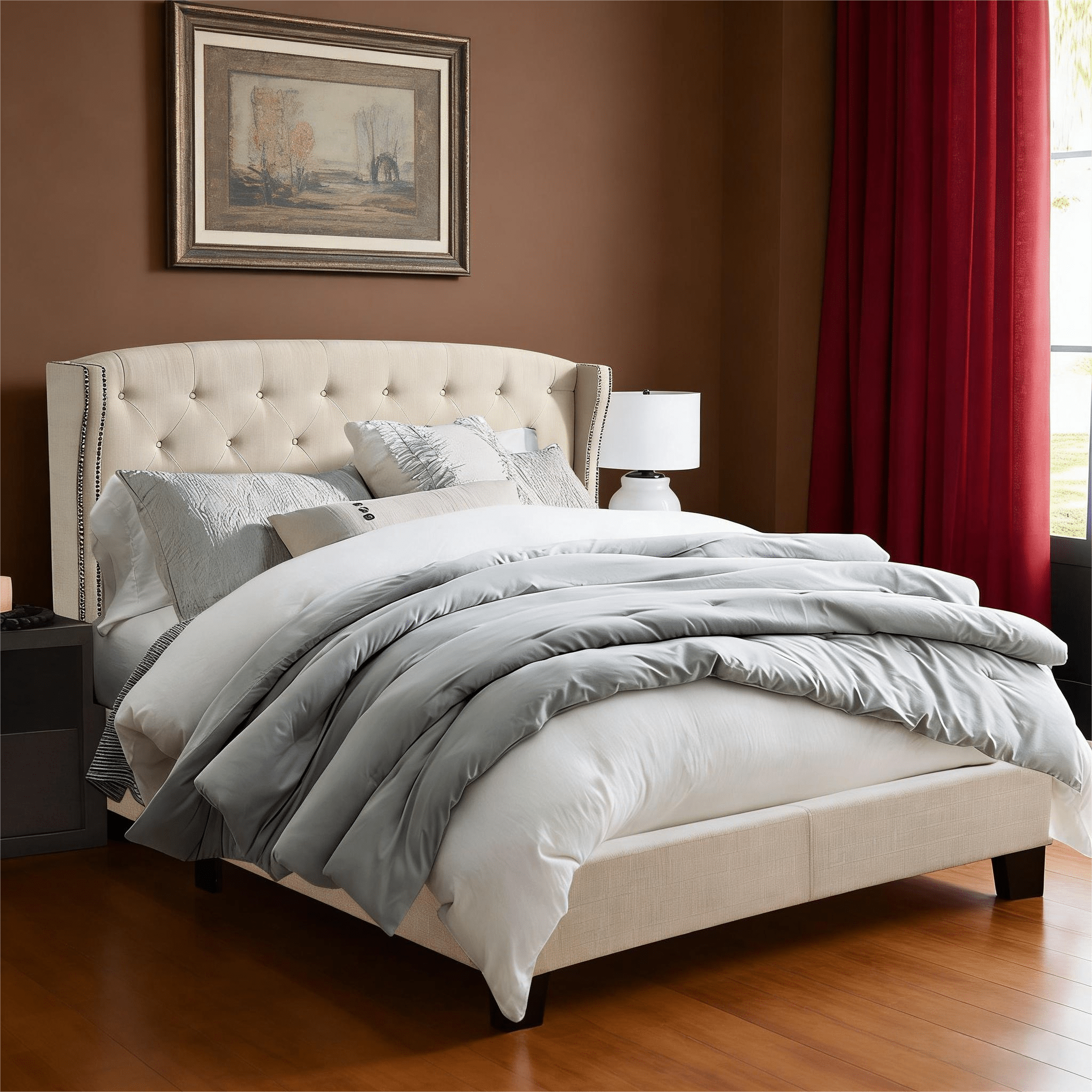 Gewnee Queen Size Upholstered Wingback Bed Frame with Adjustable Headboard