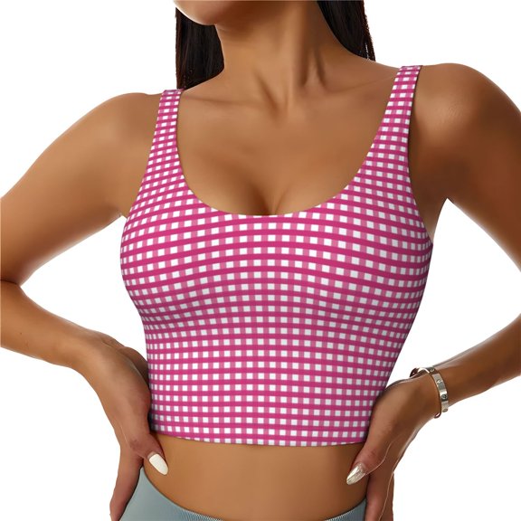 Sports Bras for Women High Support -Pink Gingham Soft Athletic Crop Workout Tank Top for Women