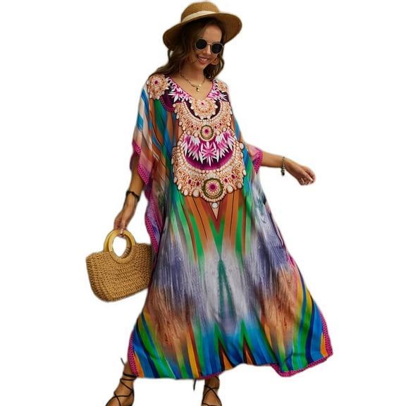 EDOLYNSA Kaftan Dresses for Women Long Printed Maxi Caftan Dress Swimsuit Cover up Resort Wear