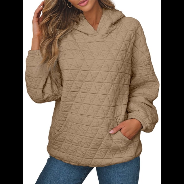 Sudadera con Capucha para Mujer, Sudadera de Larga, Holgada y con Bolsillos. Caqui M