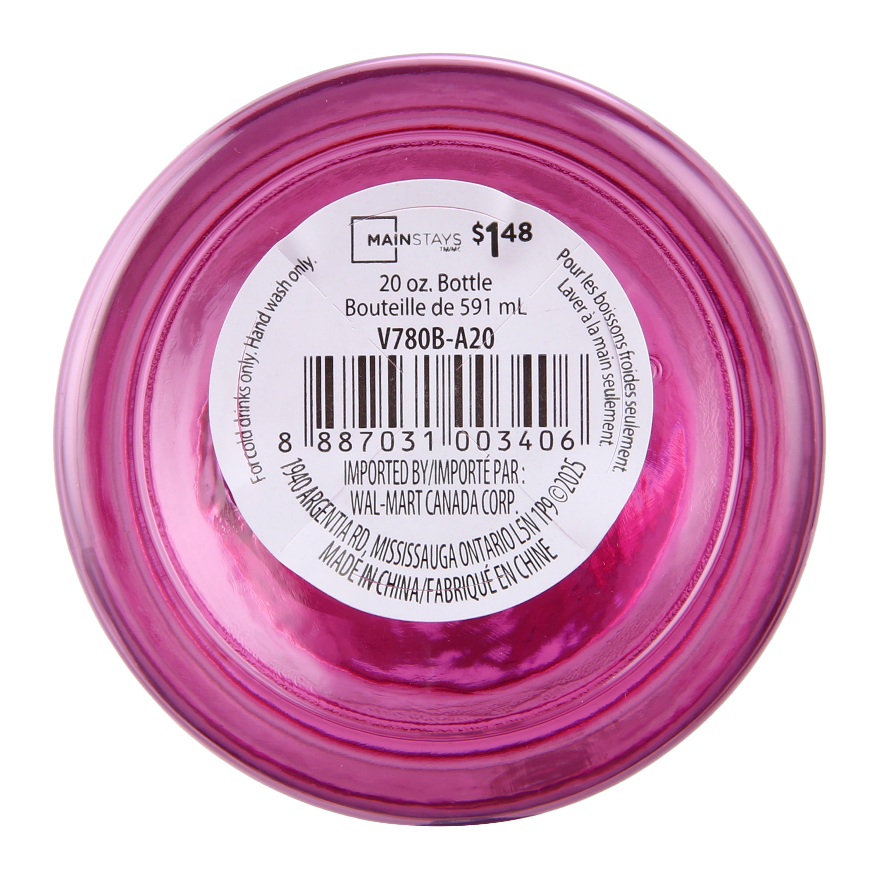 Mainstays 20oz Plastic Water Bottle with Stainless Steel Screw on Lid Purple