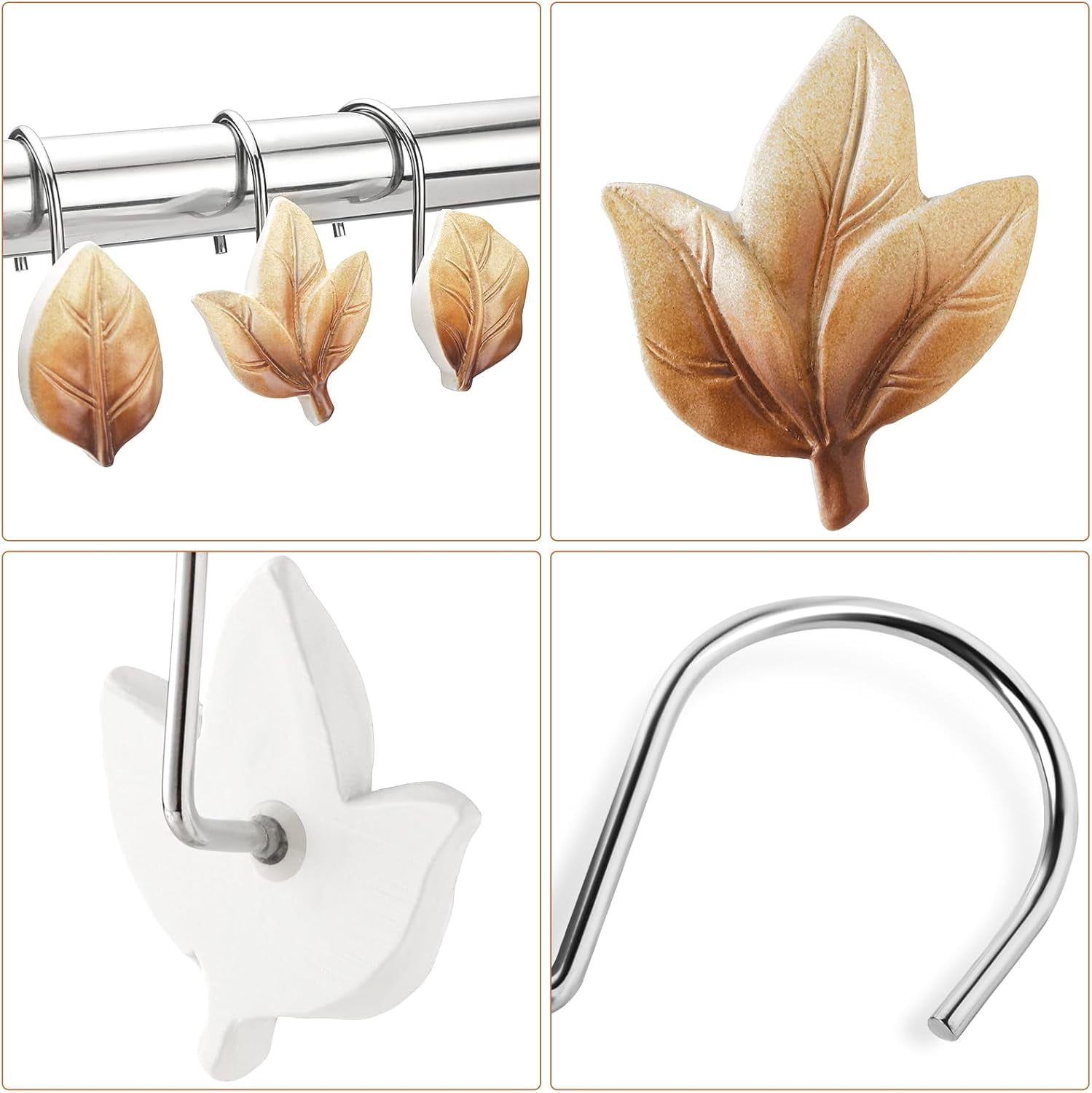 12PCS Leaves Shower Curtain Hooks, Brown Plant Leaf Decorative Shower Curtain Hooks Metal Rustproof Cute Eucalyptus Shower Curtain Rings Bathroom Decoration Accessories