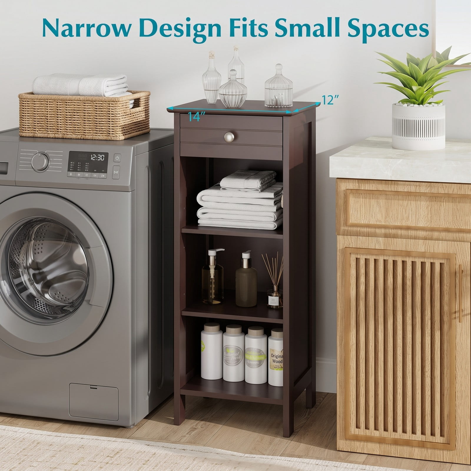 Fenbeli Wooden Floor Storage Cabinet, Free-Standing Bathroom Organizer with Drawer and 2 Adjustable Shelves, Narrow Side Cabinet for Living Room Bedroom, Brown