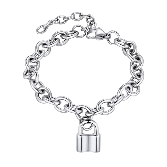 FOCALOOK Chunky Chain Bracelet with Lock Charms for Women Men Stainless Steel Padlock Couple Best Friend Friendship Wristband Birthday Christmas Jewelry Gift Adjustable Silver Bangle