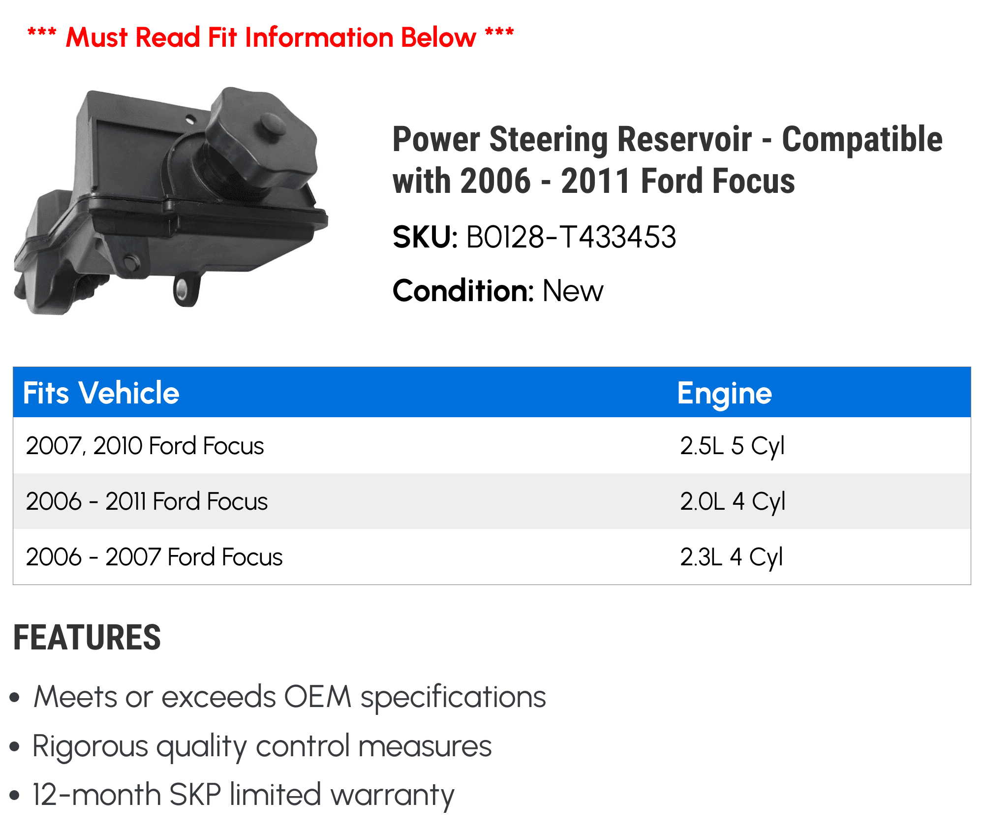 Power Steering Reservoir - Compatible with 2006 - 2011 Ford Focus 2007 2008 2009 2010