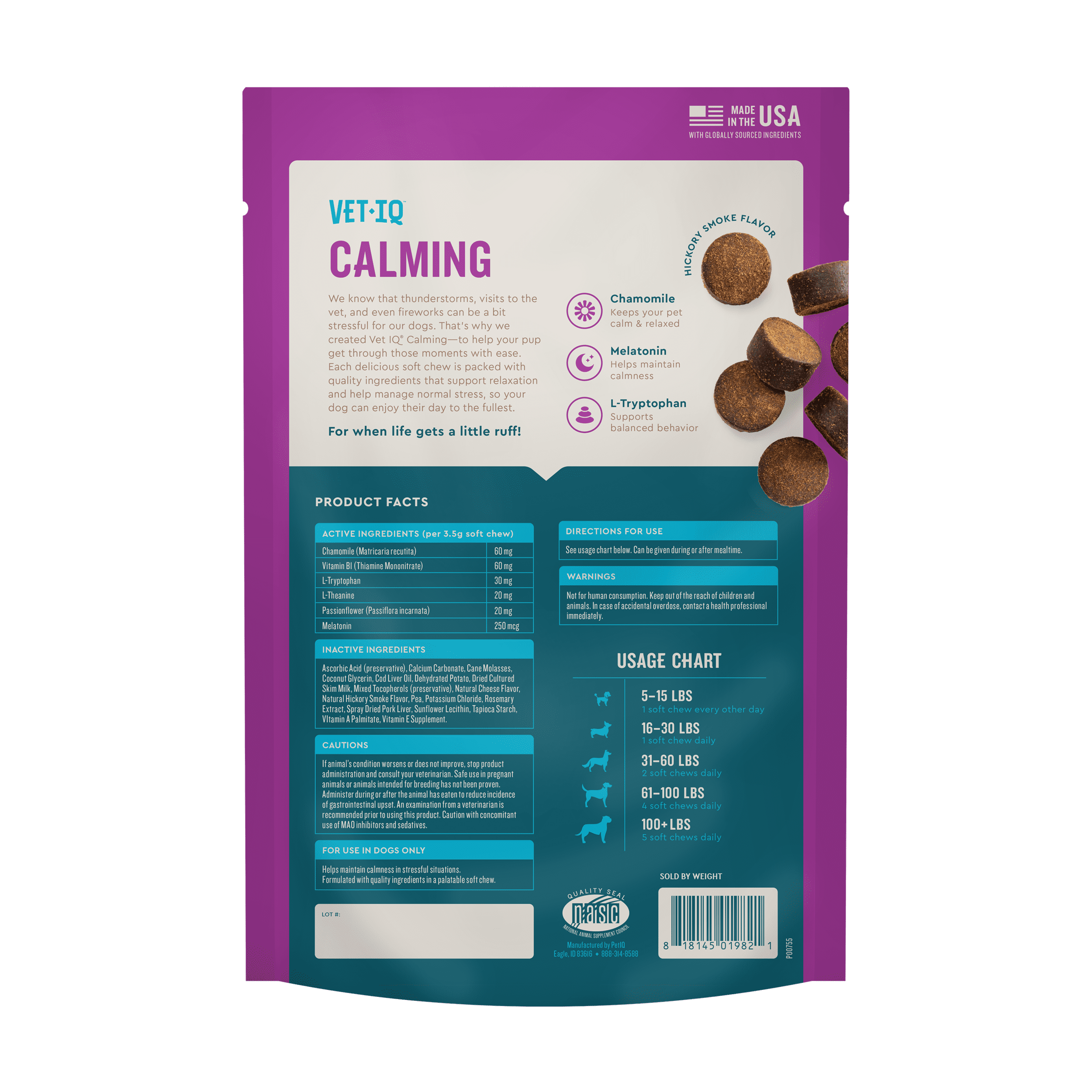 (6 pack) VetIQ Calming Support Supplement Soft Chews for Dogs, Hickory Smoke Flavored Soft Chews, 60 Count