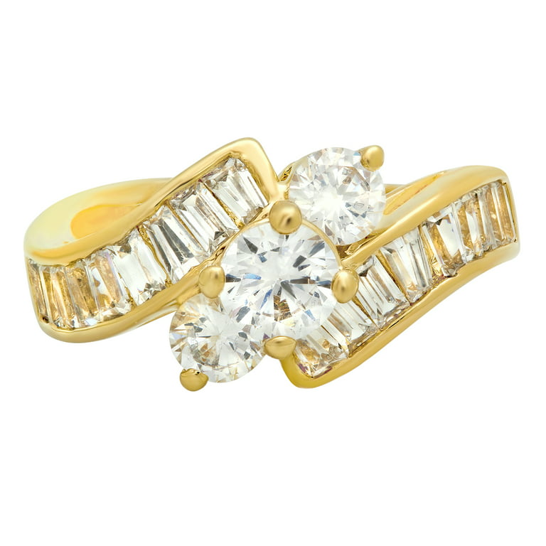 14k Gold Plated Cubic Zirconia Engagement Ring, 3-Stone Round + Channel Set  Baguette CZs, Size 7 