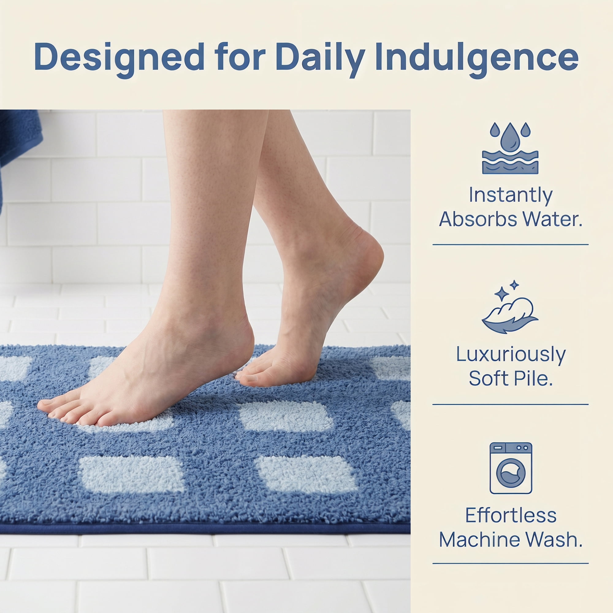 Unique Bargains Absorbent Non Slip Checkered Soft Plush Quick Dry Bath Mat Blue 24" x 16"