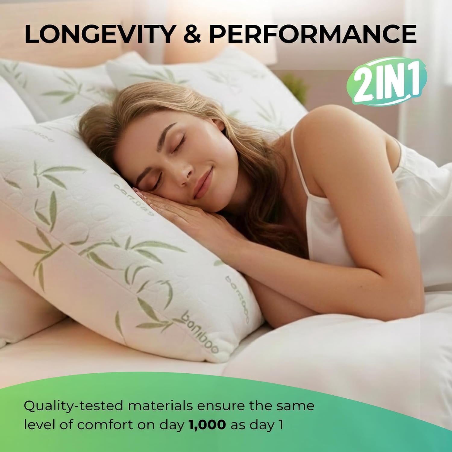 Sacred Thread Rayon Derived from Bamboo Cooling Pillow Filled with 100% Shredded Memory Foam. Adjustable Firmness. Rayon Derived from Bamboo Pillow (White) (1 Pack) (Queen)