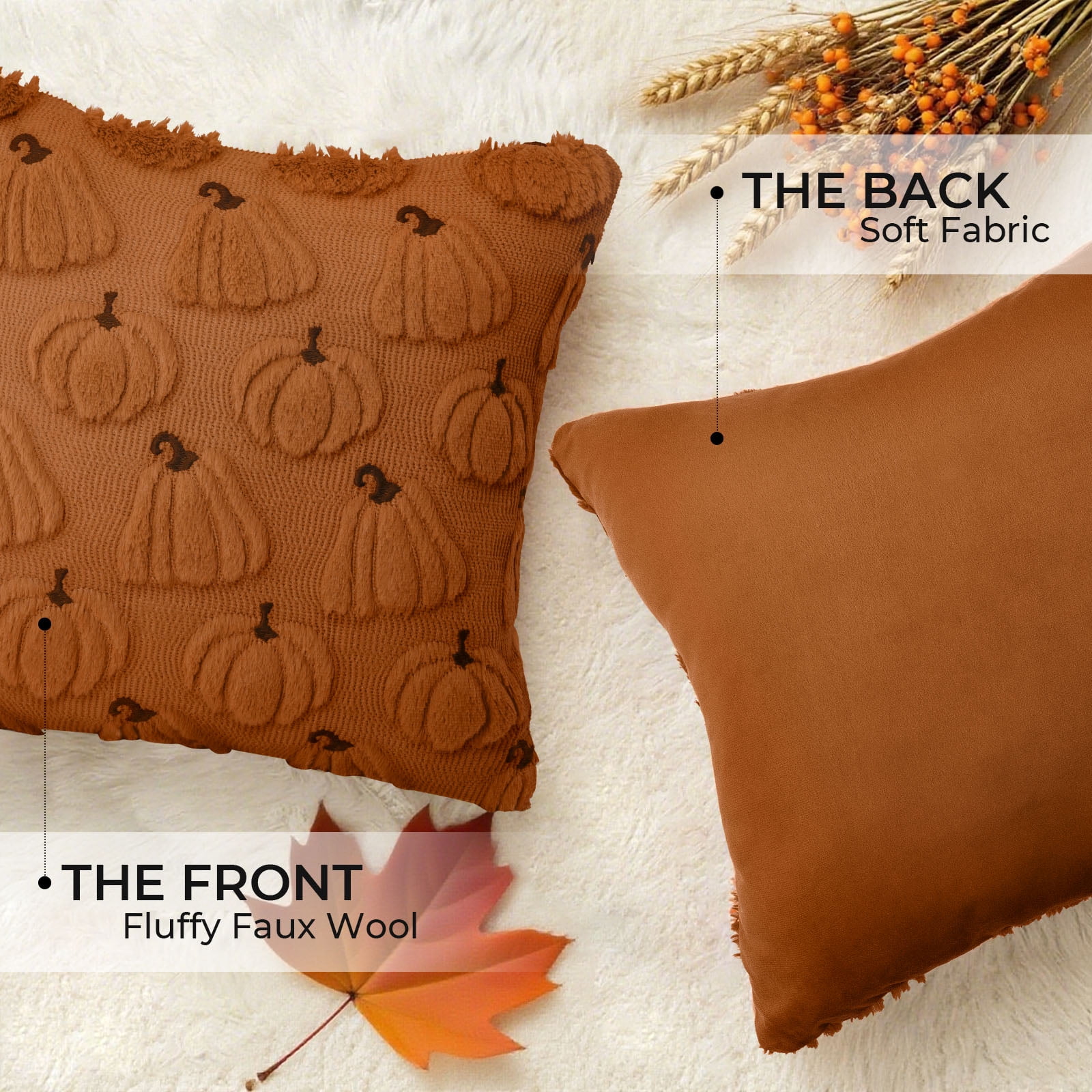 Sanmadrola Fall Pillow Covers 18x18 Throw Pillow Cases Set of 2 Halloween Thanksgiving Autumn Decorations Pumpkin Soft Plush Faux Fur Wool Couch Cushion Case for Sofa Bedroom Living Room Home Decor