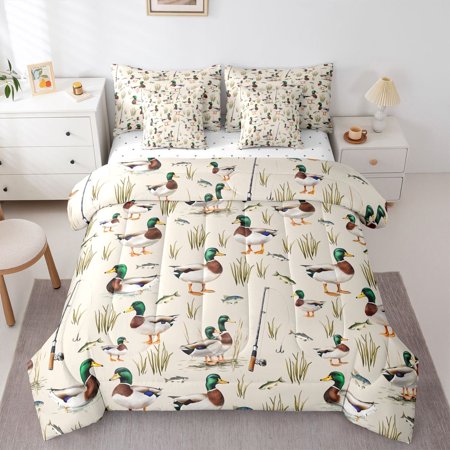Castle Fairy Boys Girls Mallard Duck Twin Bedding Sets 7-Piece Fishing And Hunting Bedding Comforter Set Microfiber Jungle Animal Breathable Sheet Sets Microfiber Bedroom Decor Reversible